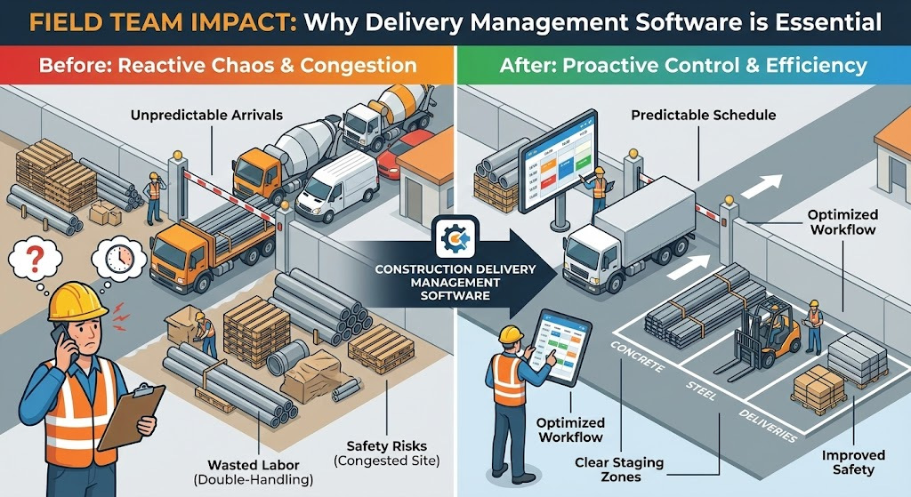 A comparison diagram illustrating construction site logistics with and without delivery management software, showing the transition from gate congestion to organized, digital scheduling.