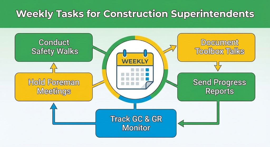 Weekly Tasks for Construction Superintendents
This visual represents the weekly tasks, focusing on safety, communication, and progress tracking, which are crucial for keeping the project aligned and informed.