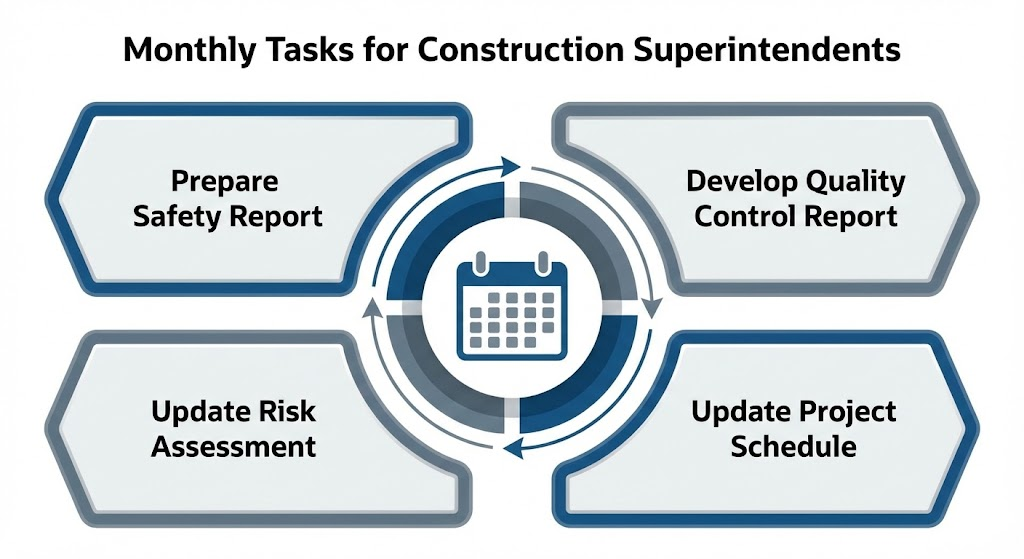 Monthly Tasks for Construction Superintendents
This diagram highlights the broader, more strategic tasks that occur on a monthly basis, such as comprehensive reporting, scheduling updates, and risk assessments.
