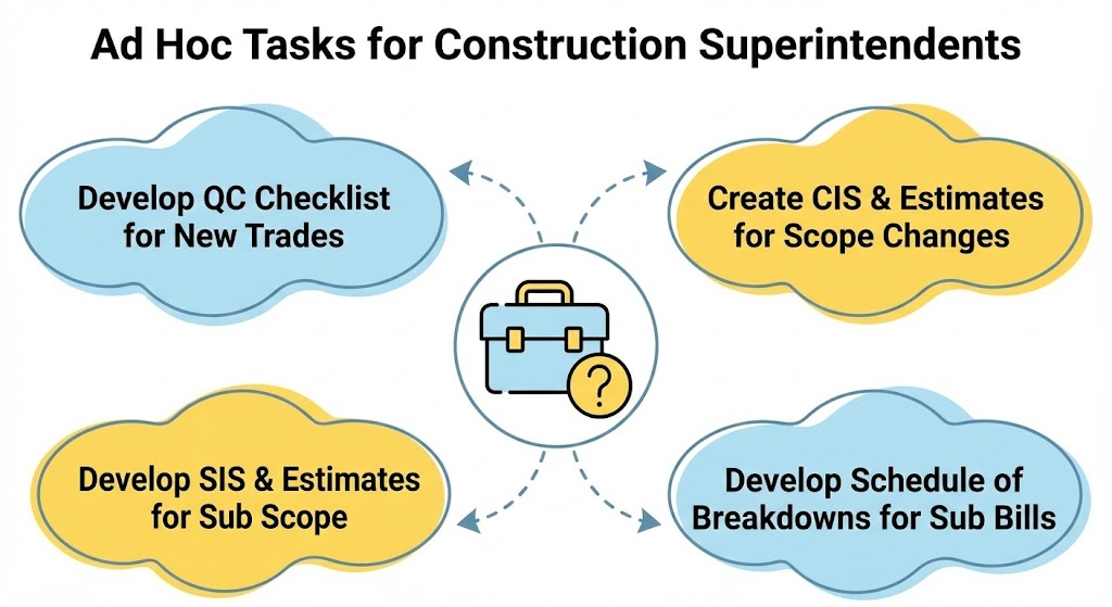 Ad Hoc Tasks for Construction Superintendents
This final diagram showcases the non-routine, "as-needed" tasks that superintendents must handle, such as creating project-specific checklists and managing scope changes, demonstrating the need for flexibility.