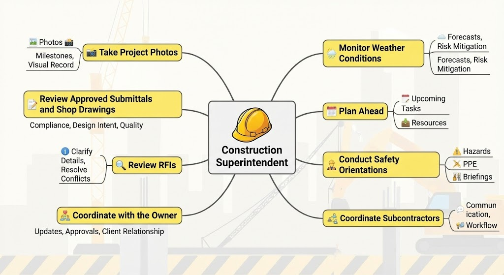Construction Superintendent Daily Tasks Mind Share
This mind map visually organizes the core daily responsibilities of a construction superintendent, showing how each task contributes to the overall management of the project.