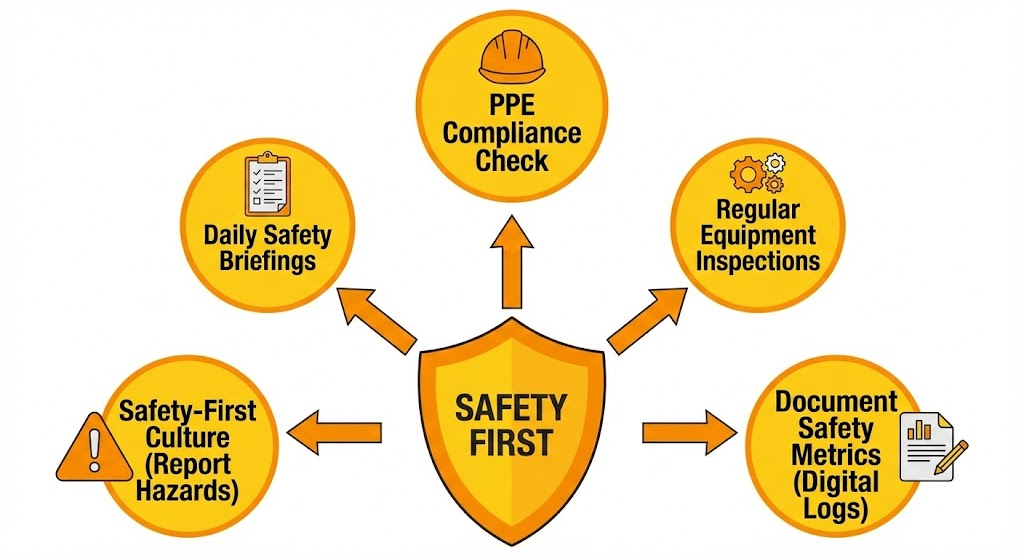 Safety First: Foreman’s Role in Enforcing Construction Safety Protocols
This infographic uses a shield as a central theme, surrounded by key safety practices like PPE checks, regular inspections, and promoting a safety-first culture.