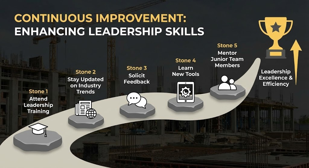 Continuous Improvement: How Foremen Can Enhance Their Leadership Skills A pathway diagram visually represents the foreman's journey of continuous improvement, showing the steps from training and feedback to achieving leadership excellence.