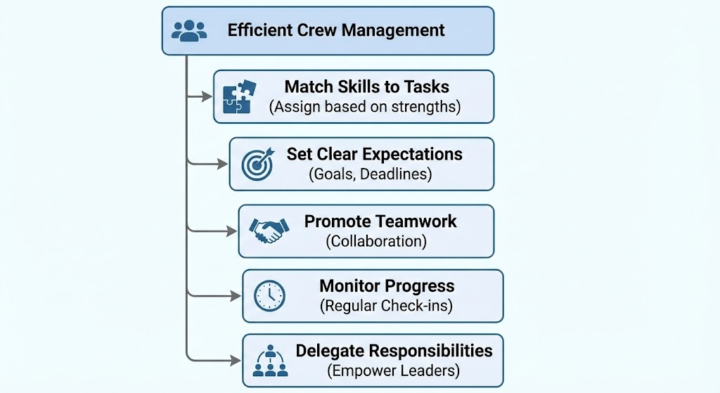 Foreman’s Guide to Managing Crews Efficiently on Construction Sites
A clear process flowchart is used here to show the steps for efficient crew management, from matching skills to tasks to delegating responsibilities and monitoring progress