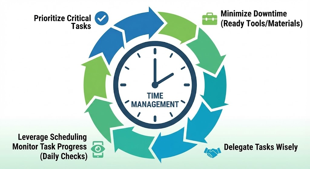 Time Management Tips for Foremen: Keeping Construction Projects on Schedule
This image uses a clock as a central element to visualize time management strategies, including prioritizing tasks, minimizing downtime, and leveraging scheduling software.