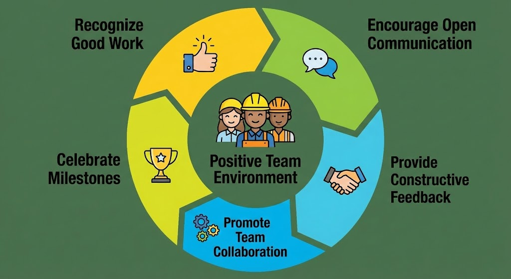 Building a Positive Team Environment: Foreman’s Role in Crew Morale
This diagram uses a circular flow to demonstrate the interconnected actions that build a positive team environment, such as recognizing good work, encouraging communication, and celebrating milestones.