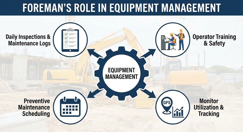 Foreman’s Role in Equipment Management: Keeping the Job Site Running Smoothly This infographic illustrates the central role of equipment management, showing key tasks like daily inspections, training, and preventive maintenance.