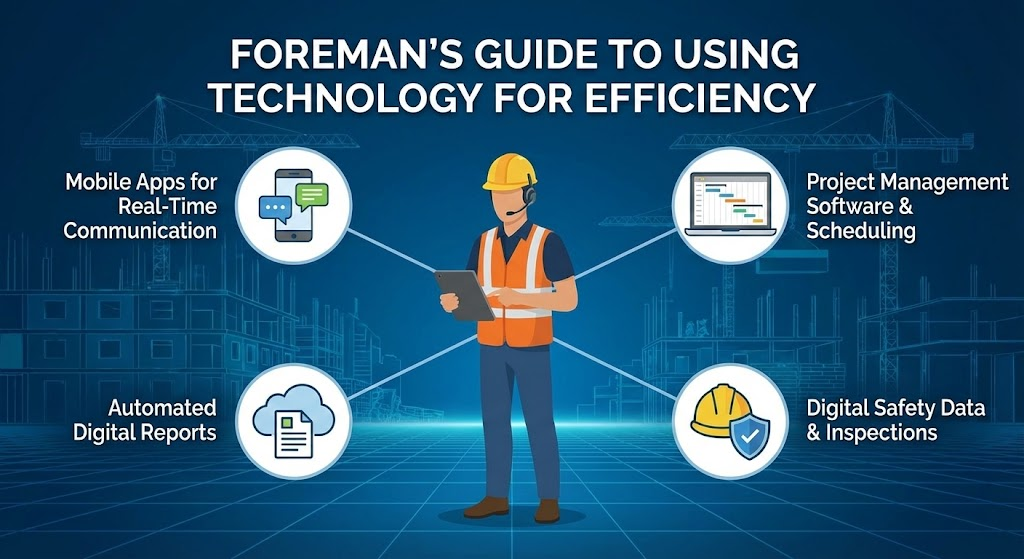 Foreman’s Guide to Using Technology for Construction Site Efficiency A foreman is central to this diagram, demonstrating how different technologies like mobile apps, project software, and digital reporting enhance site efficiency.