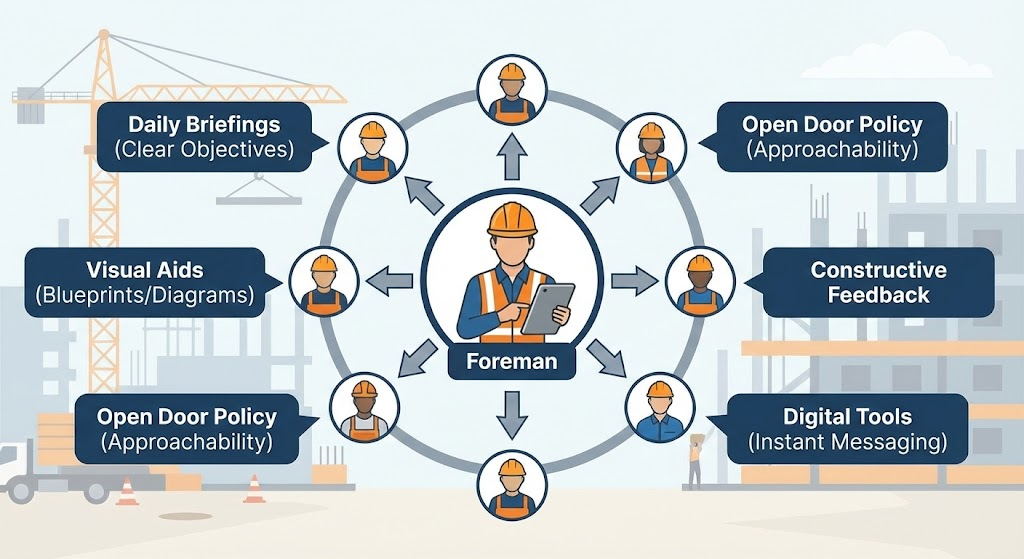 Communication Strategies Every Foreman Needs for Better Crew Supervision
This diagram illustrates key communication methods like daily briefings, visual aids, and digital tools, all centered around a foreman actively engaging with their crew.