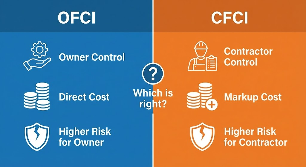 How Do OFCI and CFCI Compare?
This side-by-side comparison infographic highlights the key differences between the two methods, focusing on control, cost, and risk for both the owner and the contractor.