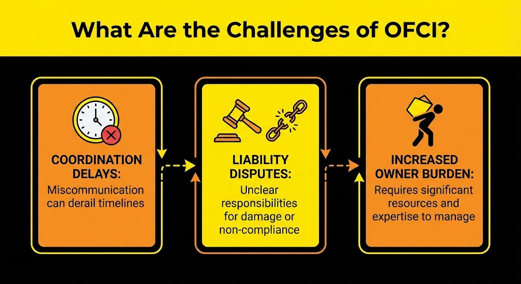 What Are the Challenges of OFCI?
A companion to the benefits infographic, this image uses cautionary icons to illustrate the potential pitfalls of OFCI, such as coordination delays and liability disputes.