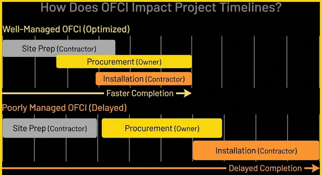 How Does OFCI Impact Project Timelines?
This timeline diagram visually demonstrates the potential impact of OFCI on a project schedule, contrasting a "well-managed" scenario with a "poorly managed" one.