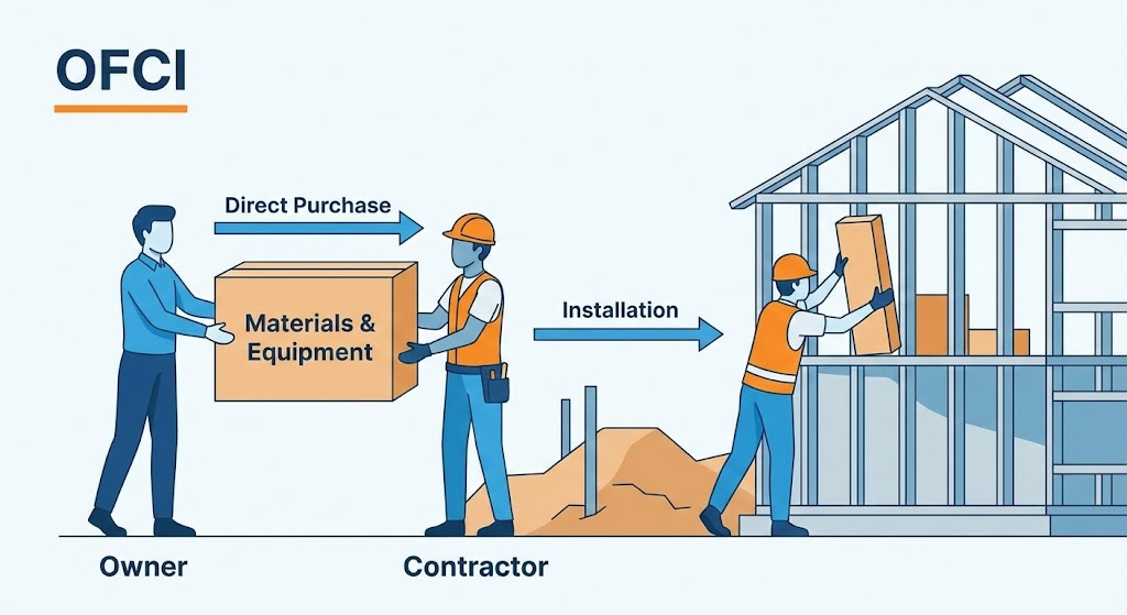 What Is OFCI in Construction?
This diagram illustrates the Owner Furnished, Contractor Installed (OFCI) process. It shows the owner directly purchasing materials and handing them off to the contractor for installation.