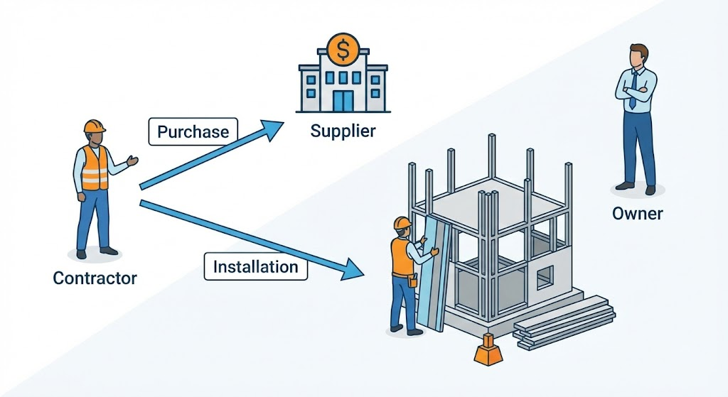 What Is CFCI in Construction?
This diagram shows the Contractor Furnished, Contractor Installed (CFCI) process. It depicts the contractor handling both the purchasing of materials from a supplier and the subsequent installation.
