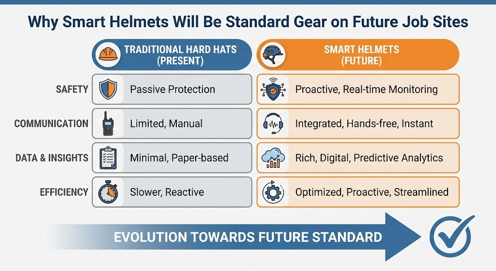 Why Smart Helmets Will Be Standard Gear on Future Job Sites
This comparison chart visually contrasts traditional hard hats with smart helmets across key areas like safety, communication, and efficiency. It clearly demonstrates the superior benefits of smart helmets, explaining why they are poised to become the new standard in the industry.