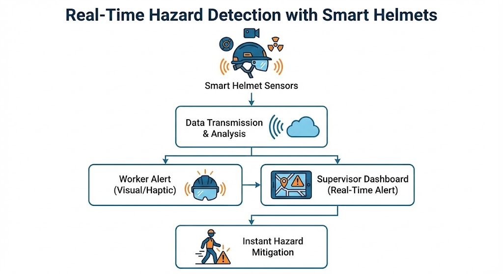 Real-Time Hazard Detection Is Changing the Game
This flowchart diagram illustrates the seamless process of how smart helmets detect, analyze, and mitigate hazards in real-time.