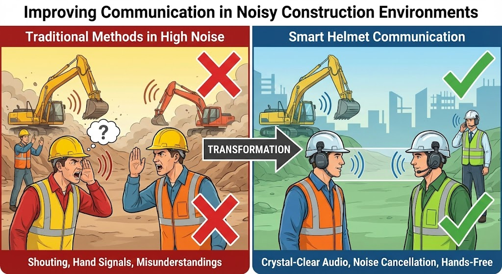 Improving Communication in Noisy, Fast-Moving Environments
This split-panel diagram contrasts the chaotic and inefficient traditional methods of communication in high-noise environments with the clear, hands-free communication provided by smart helmets.