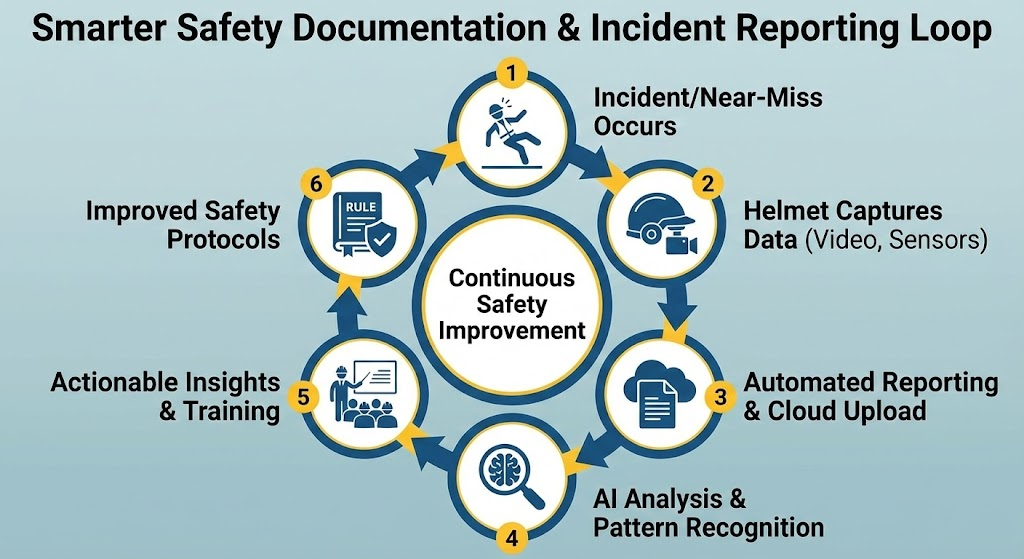 Smarter Safety Documentation and Incident Reporting
This cycle diagram demonstrates how smart helmets automate data capture and analysis, creating a continuous loop of learning that leads to improved safety protocols.