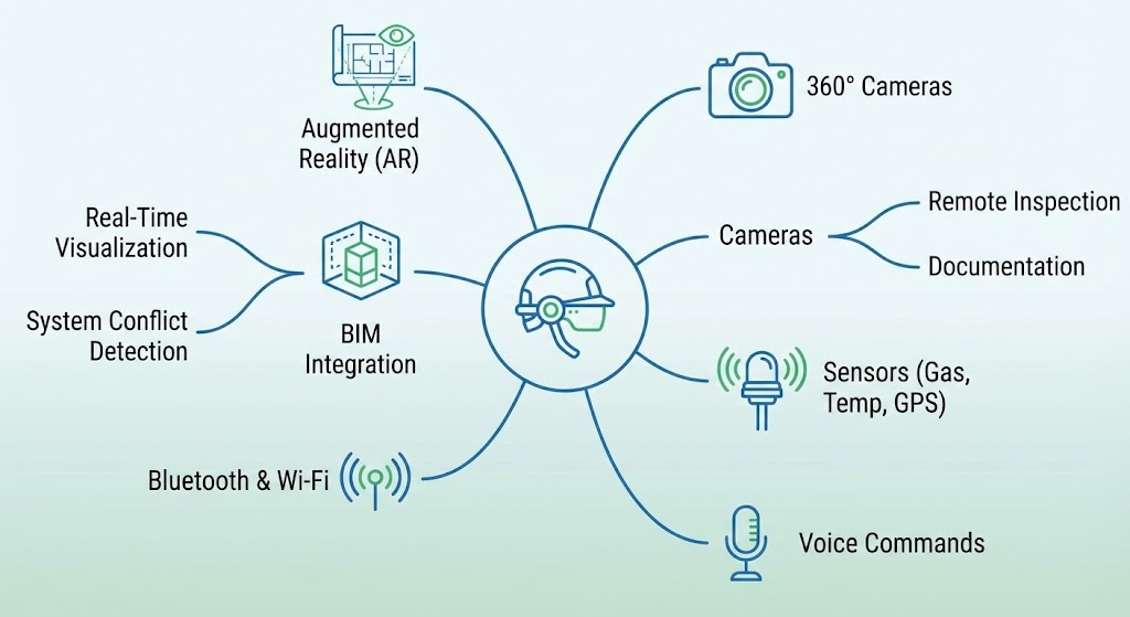 What Are Smart Helmets and How Do They Work in Construction?
This mind map provides a visual overview of the key technologies integrated into smart helmets and their practical applications on the jobsite, such as AR for BIM integration and various sensors for safety.