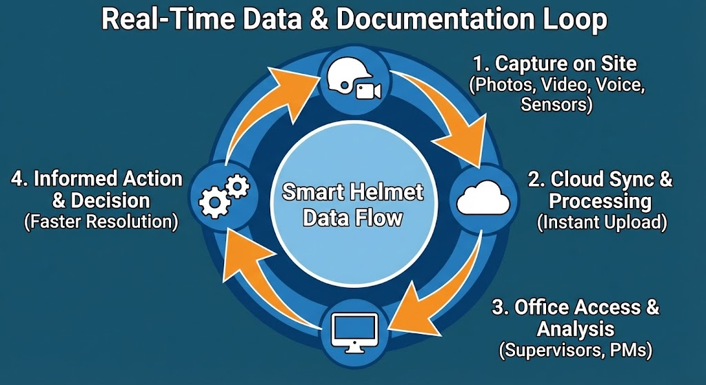 Boosting Efficiency with Real-Time Data and Documentation
This cycle diagram demonstrates the continuous loop of real-time data capture, cloud syncing, and analysis. It shows how smart helmets enable instant documentation and informed decision-making, boosting overall site efficiency.