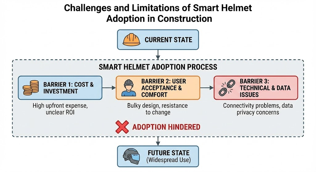 Challenges and Limitations of Smart Helmet Adoption
This flowchart illustrates the common barriers that hinder the widespread adoption of smart helmets in construction, from high costs to technical issues, and how they impede the transition from the current state to future use.